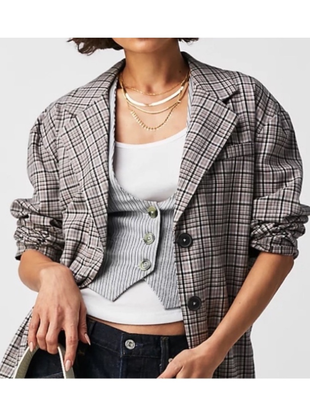 We The Free Free People Cali Plaid Oversized Menswear Blazer Gray Pink Sz Small
